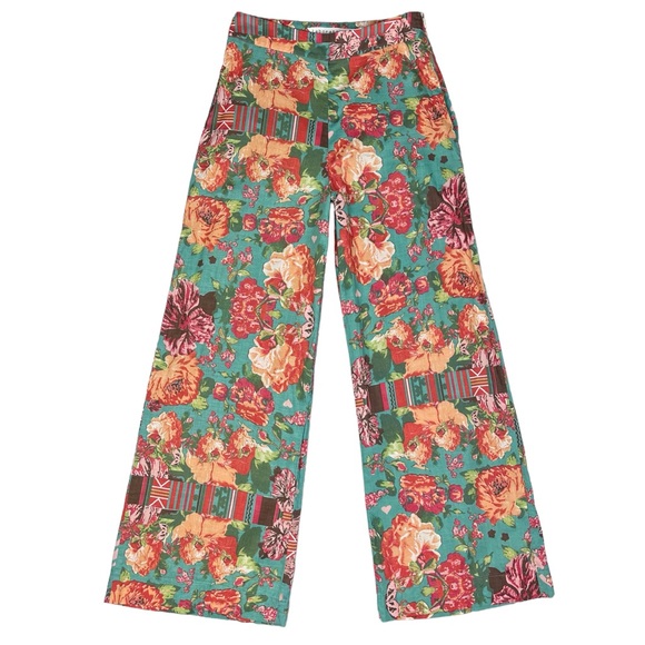 Vintage Pants - Vintage Wide Leg Flare Floral Patchwork Print Pants XS